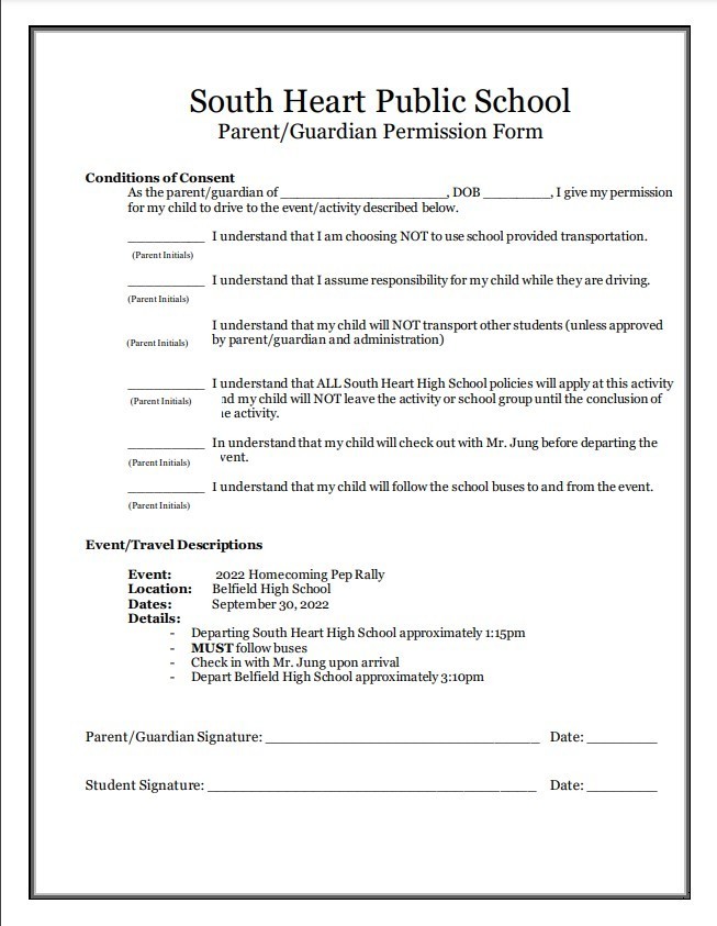 Driving Consent Form for Pep Rally